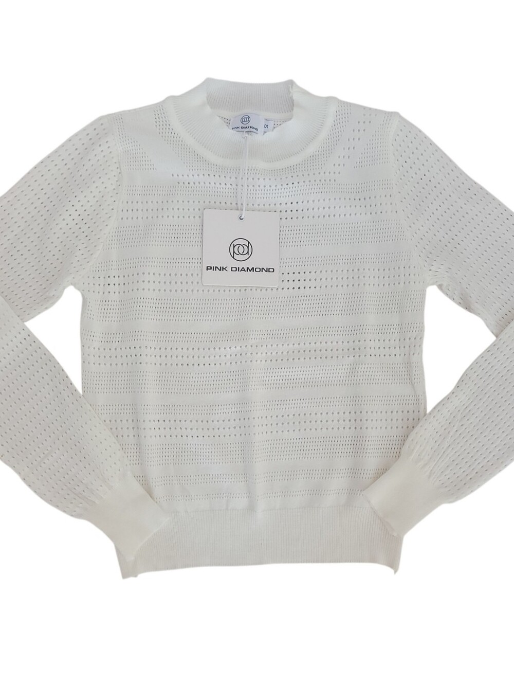 Pink Diamond Women's White Pointelle Open Knit Sweater Small Crochet Crewneck